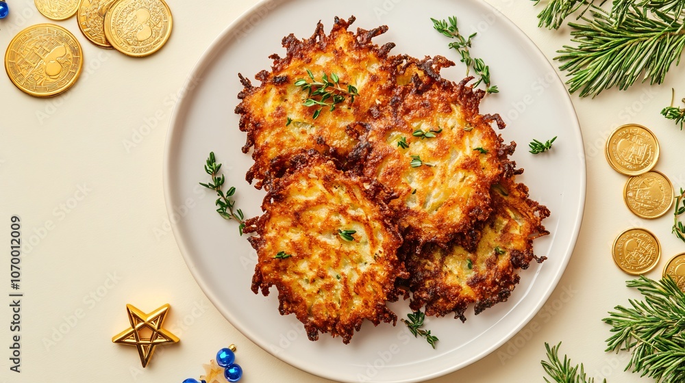 Latkes with crispy edges and herbs on a pale yellow background, with tiny dreidels and Hanukkah coins around Latkes with crispy edges and herbs on a pale yellow background, with tiny dreidels and Hanukkah coins around