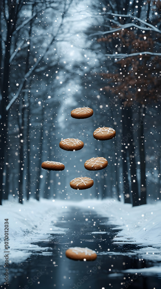 Gingerbread Cookies Falling Through Snowy Forest Path Gingerbread Cookies Falling Through Snowy Forest Path