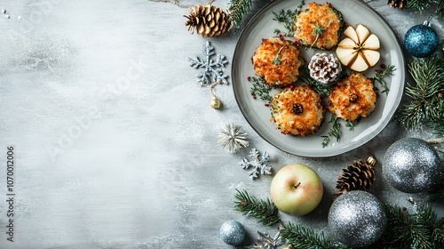 Latkes with apple compote and herb garnish on a soft gray background, with blue and silver holiday decor photo