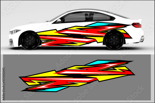 vector wrap car design, car decal with unique and modern line patterns, combined with bright colors to make it look cheerful and bold