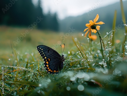 Butterfly Resting on Dewy Grass in High Contras near flower photo