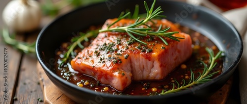 Marinated rabbit steak in a black plate. Marinade for rabbit meat with rosemary. Meat with rosemary in a baking container.