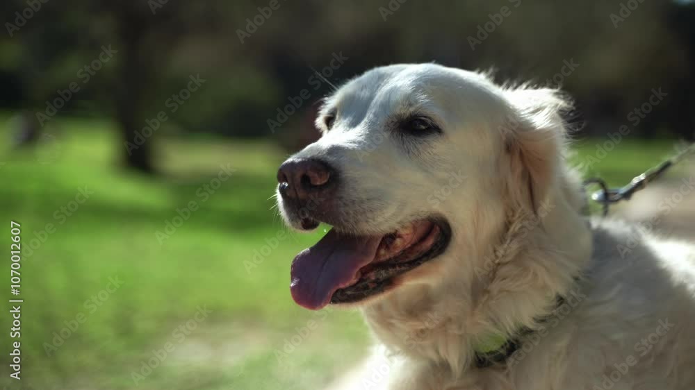 Portrait of happy pet dog golden retriever outside in public park during summer. Owner pat takes care about his pet. Mental health of domestic animals, Portrait of happy pet dog golden retriever outside in public park during summer. Owner pat takes care about his pet. Mental health of domestic animals,