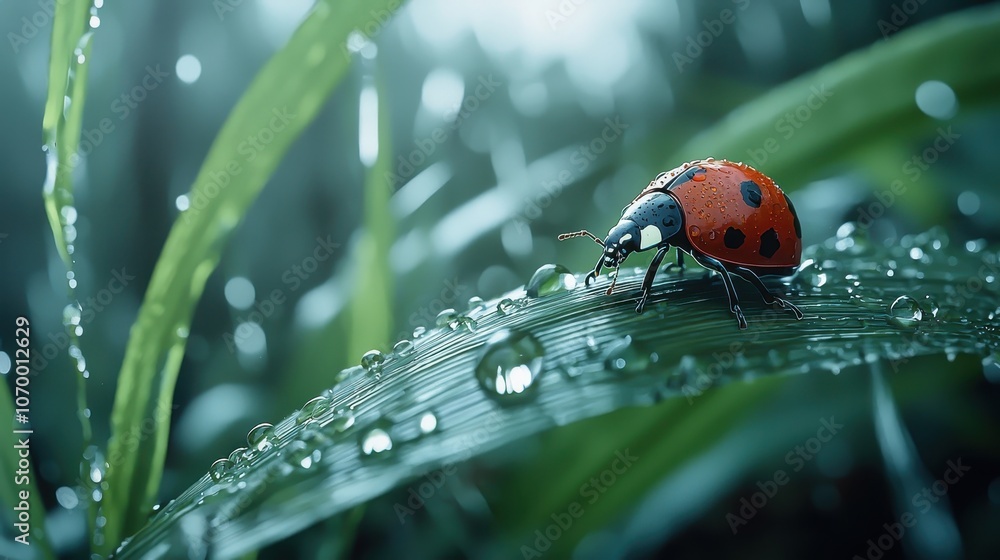 Obraz premium Macro Shot of Intense Red Ladybug on Dewy Leaf
