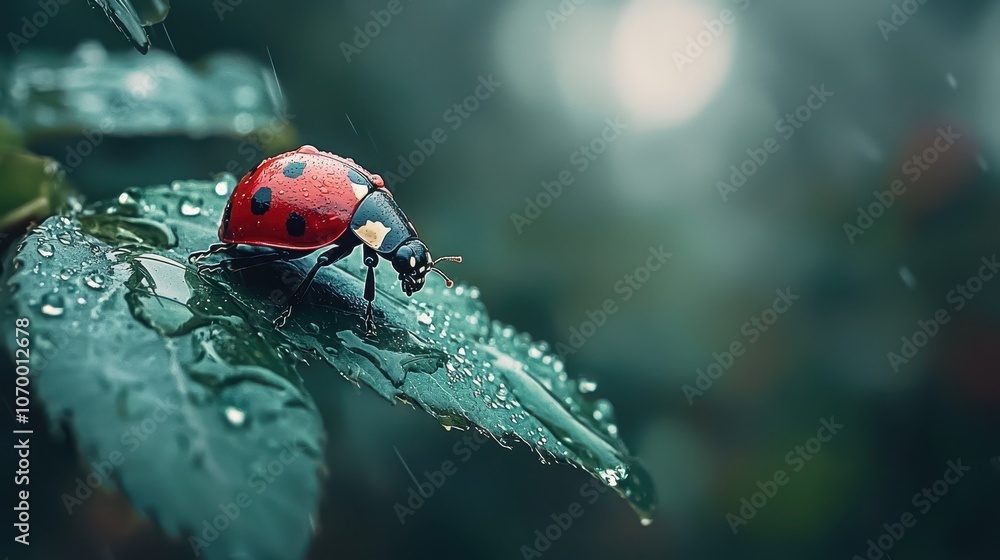 Obraz premium Dewy Leaf with Vibrant Red Ladybug Macro Shot
