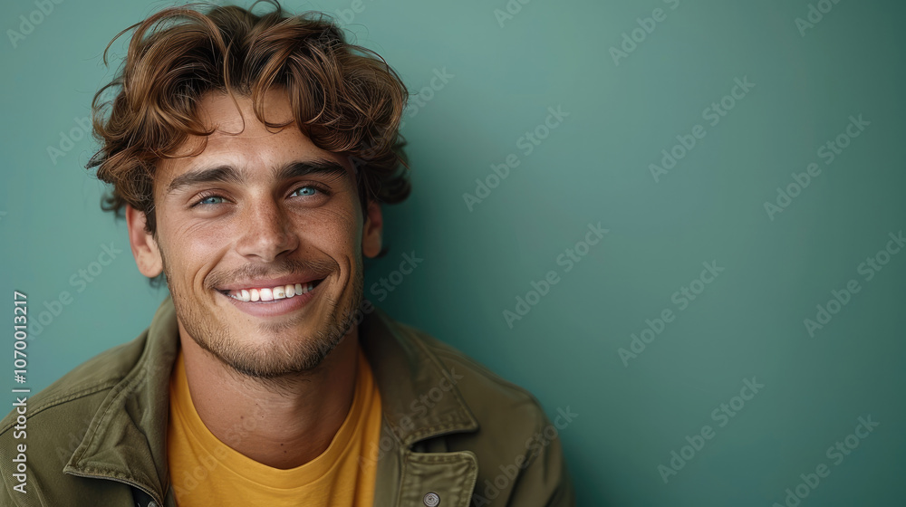 A man with light skin, styled brown hair, and a bright smile. He is wearing a casual yellow t-shirt with a dark green jacket. The background is a solid light green color. A man with light skin, styled brown hair, and a bright smile. He is wearing a casual yellow t-shirt with a dark green jacket. The background is a solid light green color.