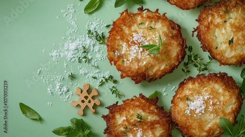 Round latkes with crispy edges and sea salt on a pale green background, with a dreidel and fresh herbs photo