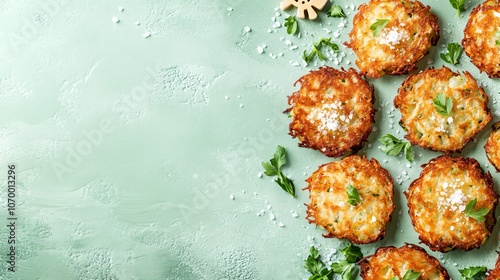 Round latkes with crispy edges and sea salt on a pale green background, with a dreidel and fresh herbs photo