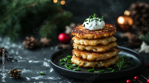 Stack of latkes with a dollop of sour cream and chives on a dark gray background, with festive accents photo