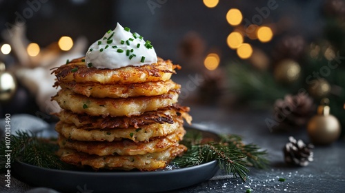 Stack of latkes with a dollop of sour cream and chives on a dark gray background, with festive accents photo