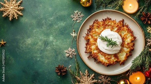 Traditional potato latkes with sour cream garnish on a muted green background, with Hanukkah gelt and festive elements photo