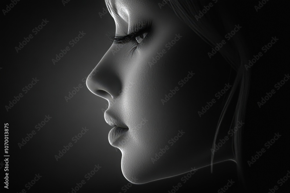 A captivating side profile of a face, showcasing smooth skin and delicate features against a dark background, This image can be used for beauty, fashion, or artistic projects, A captivating side profile of a face, showcasing smooth skin and delicate features against a dark background, This image can be used for beauty, fashion, or artistic projects,