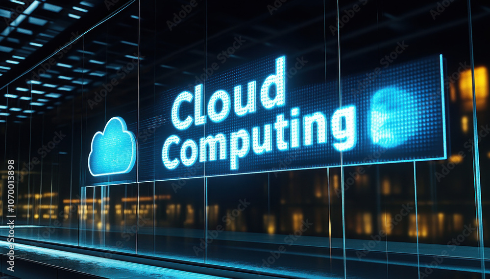 Futuristic digital display featuring the concept of cloud computing in a glowing blue neon light, symbolizing advanced technology and data innovation. Futuristic digital display featuring the concept of cloud computing in a glowing blue neon light, symbolizing advanced technology and data innovation.