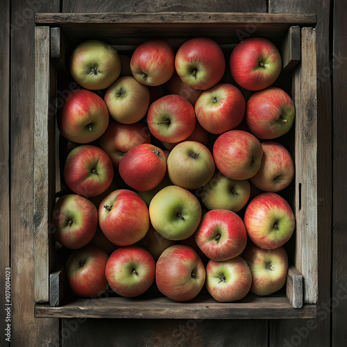 An autumn harvest, a wooden crate filled with a variety of apples, highlighting farm fresh produce photo