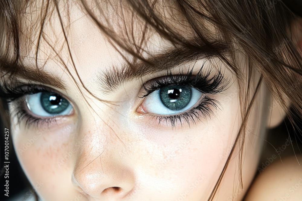 Close-up of a young woman's captivating eyes, showcasing striking blue irises and long eyelashes, This image is ideal for beauty, fashion, or skincare campaigns, emphasizing youth and charm, Close-up of a young woman's captivating eyes, showcasing striking blue irises and long eyelashes, This image is ideal for beauty, fashion, or skincare campaigns, emphasizing youth and charm,