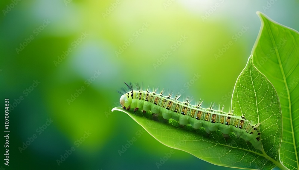 Caterpillar on leaf, intricate pattern, blurred nature background, 3D illustration. Caterpillar on leaf, intricate pattern, blurred nature background, 3D illustration.