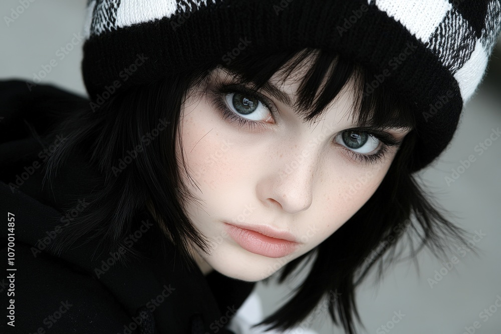 A close-up portrait features a young individual with striking features, wearing a stylish black and white beanie, Ideal for fashion, beauty, or youth culture themes in marketing or editorial content, A close-up portrait features a young individual with striking features, wearing a stylish black and white beanie, Ideal for fashion, beauty, or youth culture themes in marketing or editorial content,