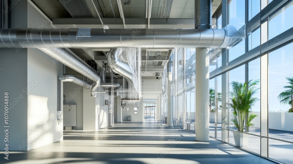 Modern sustainable building interior with large windows and greenery Modern sustainable building interior with large windows and greenery