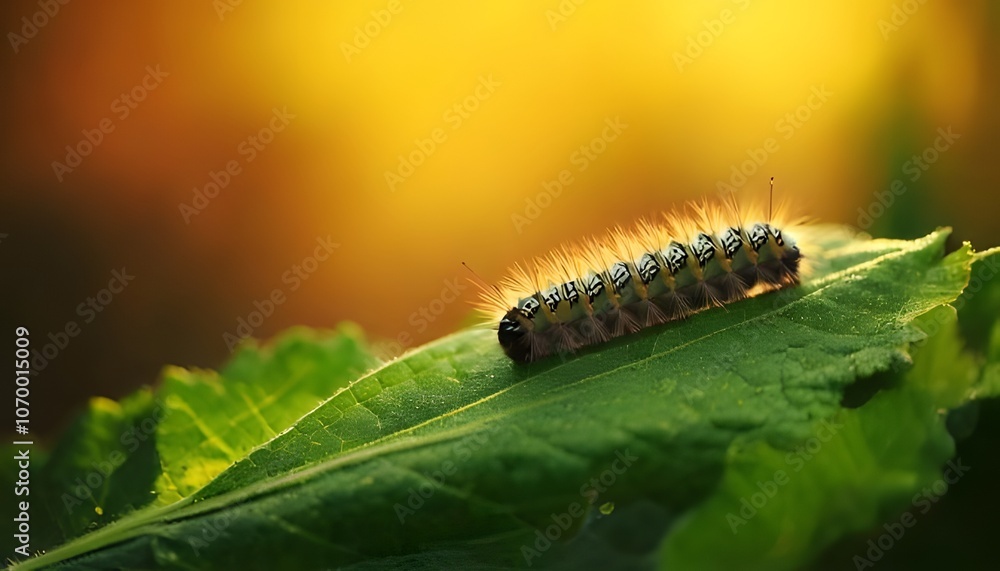 Caterpillar on leaf, intricate pattern, blurred nature background, 3D illustration. Caterpillar on leaf, intricate pattern, blurred nature background, 3D illustration.