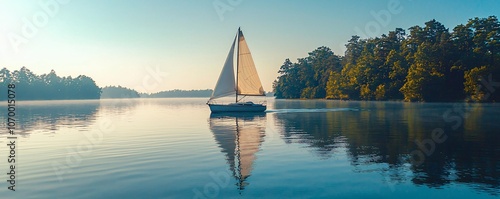 Sailboat on a Calm Lake at Sunrise.