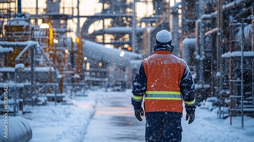 Industrial Worker Walking Through Snowy Plant.