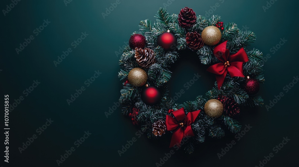 Christmas Wreath Made of Tree Branches with Golden and Red Balls, Ribbons, and Cones Christmas Wreath Made of Tree Branches with Golden and Red Balls, Ribbons, and Cones