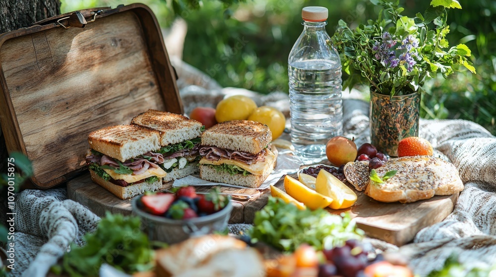 Fototapeta premium Vegan picnic with sandwiches fruit and ecofriendly backdrop for Veganuary