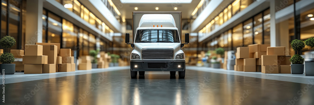 Fototapeta premium A delivery truck is parked inside a spacious warehouse filled with neatly stacked boxes, highlighting an organized logistics environment