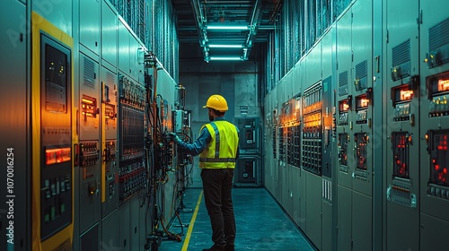 Electrical Engineer Inspecting Electrical Panels in a Power Plant.