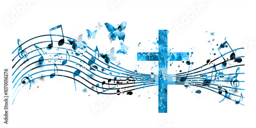 Colorful christian cross with music notes isolated vector illustration. Religion themed background. Design for gospel church music, choir singing, concert, festival, Christianity, prayer	