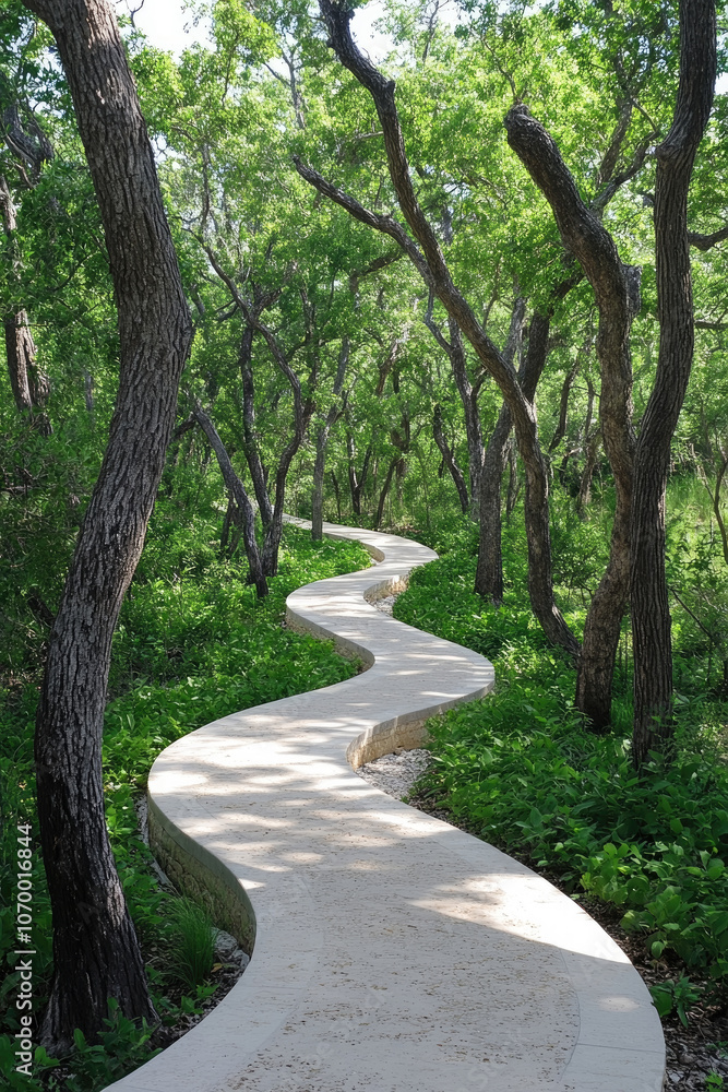 A serene pathway curves through a verdant forest, flanked by tall trees and rich greenery, inviting tranquil exploration in daylight