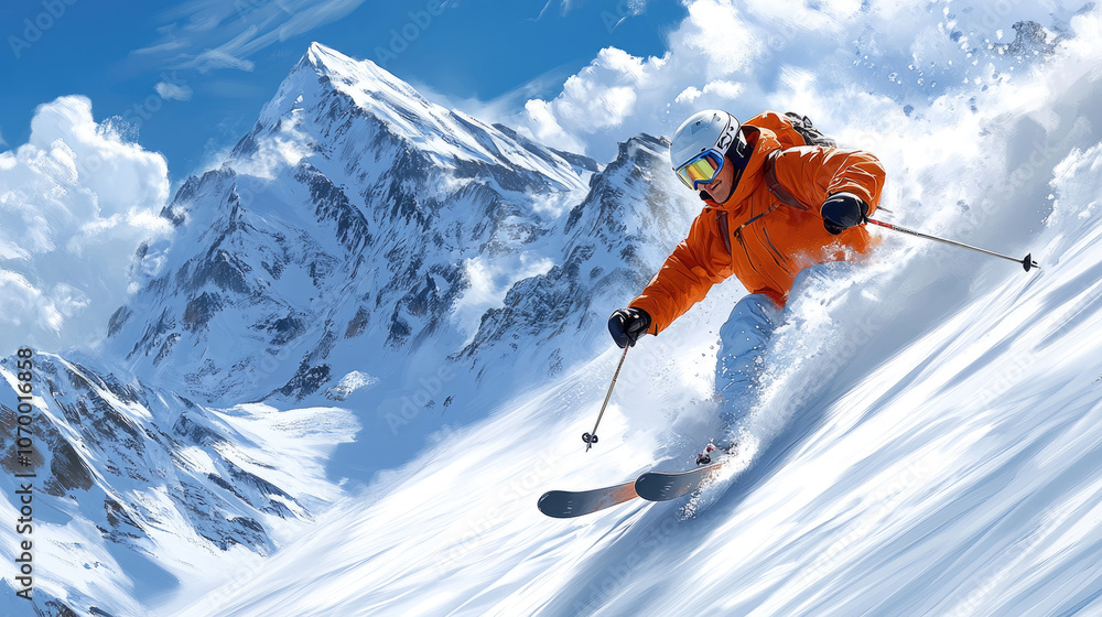 A skier navigates down the slope, creating a spray of fresh snow as sunlit mountains loom in the background on a clear day