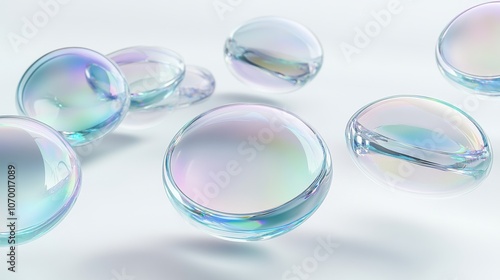 A mesmerizing arrangement of iridescent soap bubbles floating gracefully against a soft white background.