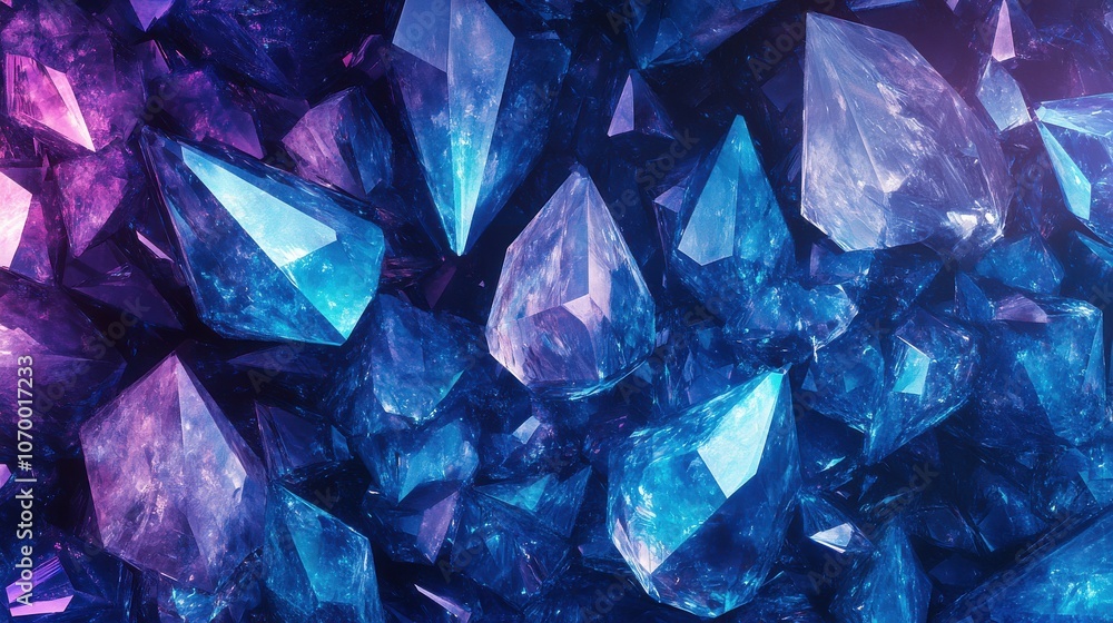 A stunning array of sparkling blue and purple crystals, reflecting light in a mesmerizing display. A stunning array of sparkling blue and purple crystals, reflecting light in a mesmerizing display.