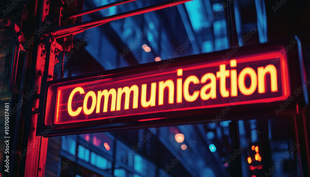 Neon 'Communication' sign glowing brightly in urban setting, surrounded by reflections of blue light, creating a vibrant nocturnal atmosphere. Neon 'Communication' sign glowing brightly in urban setting, surrounded by reflections of blue light, creating a vibrant nocturnal atmosphere.