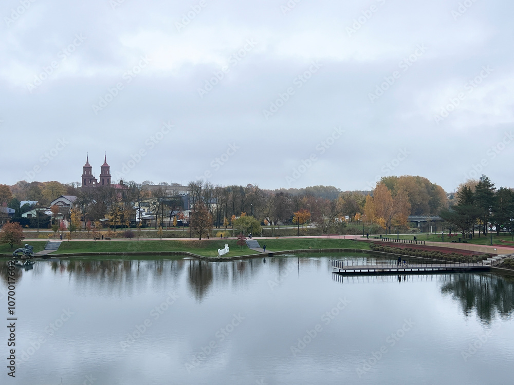 Obraz premium Aerial view of Panevezys city centre, downtown park, one of the largest cities in Lithuania