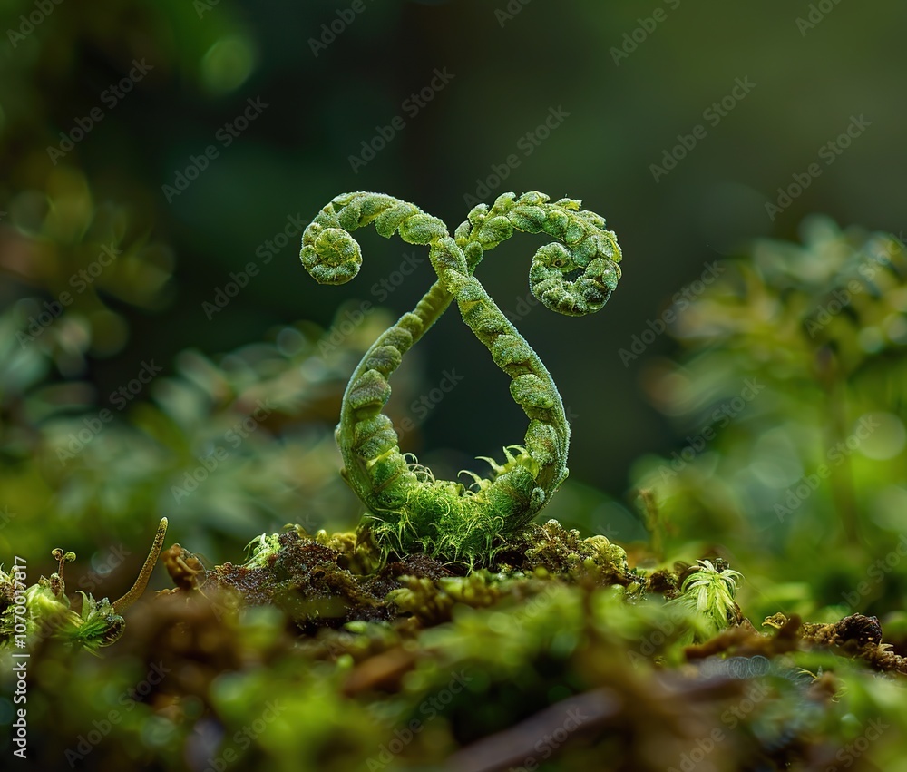 Green fern growing on moss in the forest. Selective focus Green fern growing on moss in the forest. Selective focus
