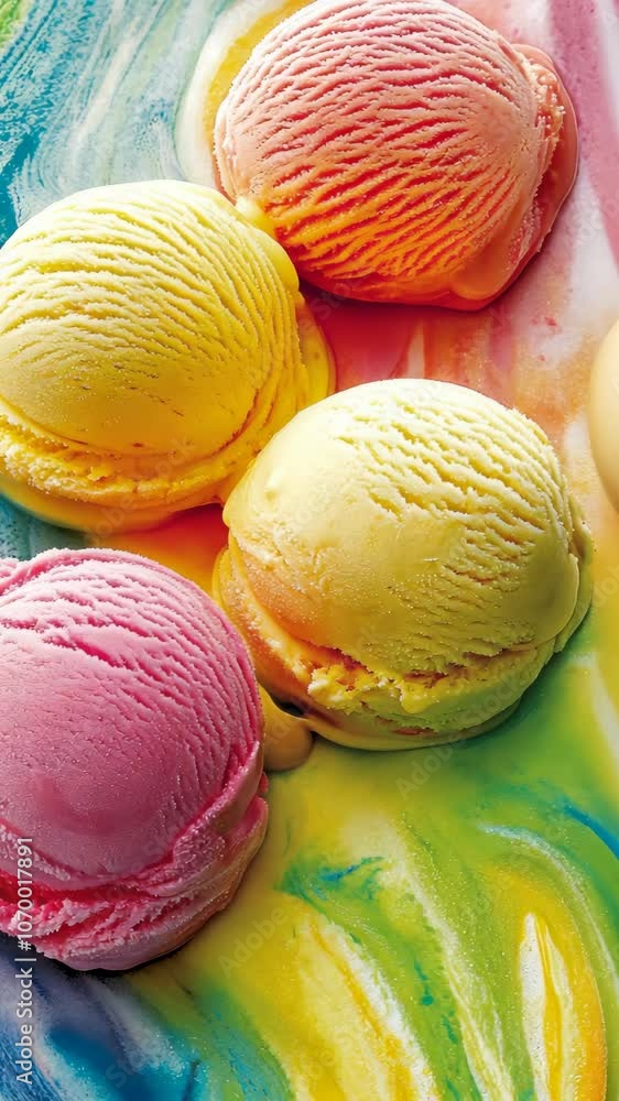 Three scoops of ice cream rest on a colorful, swirled background Three scoops of ice cream rest on a colorful, swirled background
