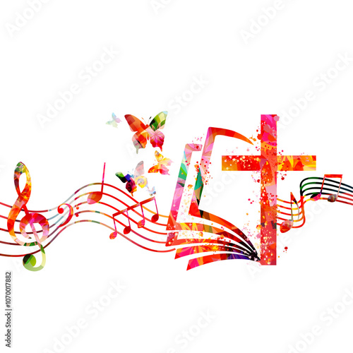 Colorful christian cross with music notes isolated vector illustration. Religion themed background. Design for gospel church music, choir singing, concert, festival, Christianity, prayer	