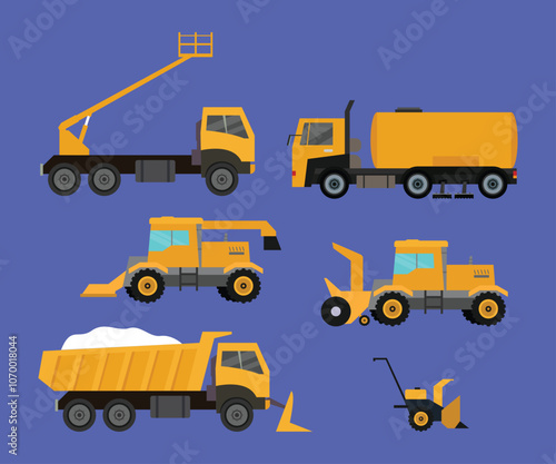 Collection of Construction and Snow Removal Vehicles in Flat Style 2d flat vector illustrations
