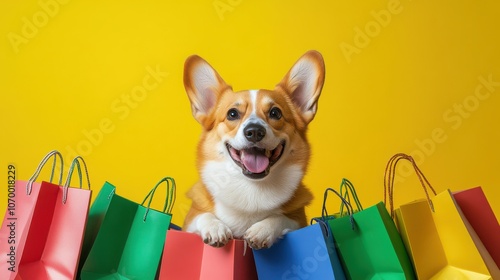 A cheerful corgi peeks over colorful shopping bags against a bright yellow background, exuding joy and playfulness.