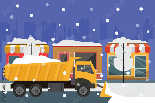 City Street Snow Removal Scene with Snowplow Truck during Winter Storm 2d flat vector illustrations