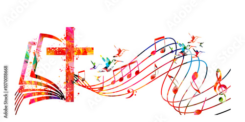 Colorful christian cross with music notes isolated vector illustration. Religion themed background. Design for gospel church music, choir singing, concert, festival, Christianity, prayer	