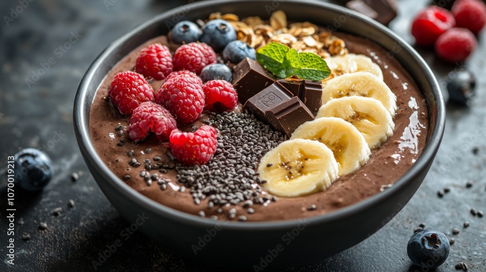 Vegan chocolate smoothie bowl with fruit toppings dessert idea Vegan chocolate smoothie bowl with fruit toppings dessert idea