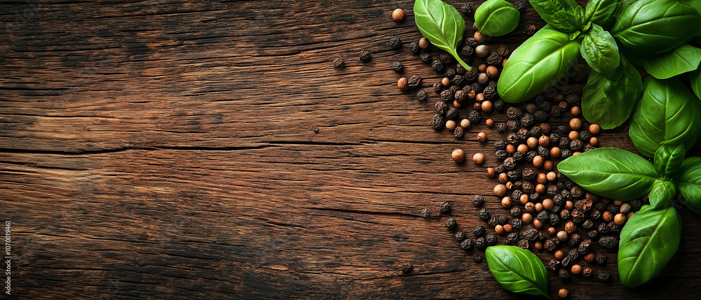Black Peppercorns and Basil on Rustic Wooden Background. Black Peppercorns and Basil on Rustic Wooden Background.