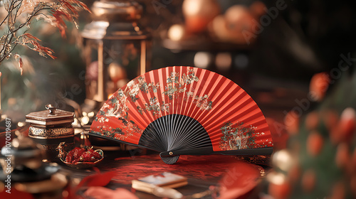 Intricate Red Fan with Floral Design photo