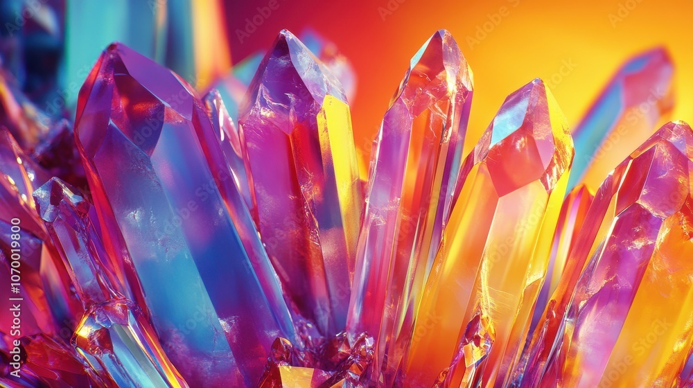 Vibrant close-up of multicolored crystals reflecting light, creating a dazzling array of hues and textures. Vibrant close-up of multicolored crystals reflecting light, creating a dazzling array of hues and textures.
