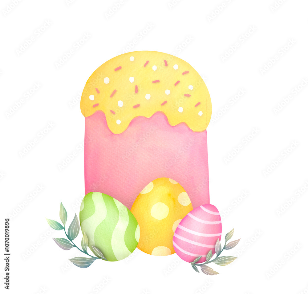 Easter cake and eggs. cute watercolor illustration of kulich isolated on transparent background, clip art and cut out element design Easter cake and eggs. cute watercolor illustration of kulich isolated on transparent background, clip art and cut out element design