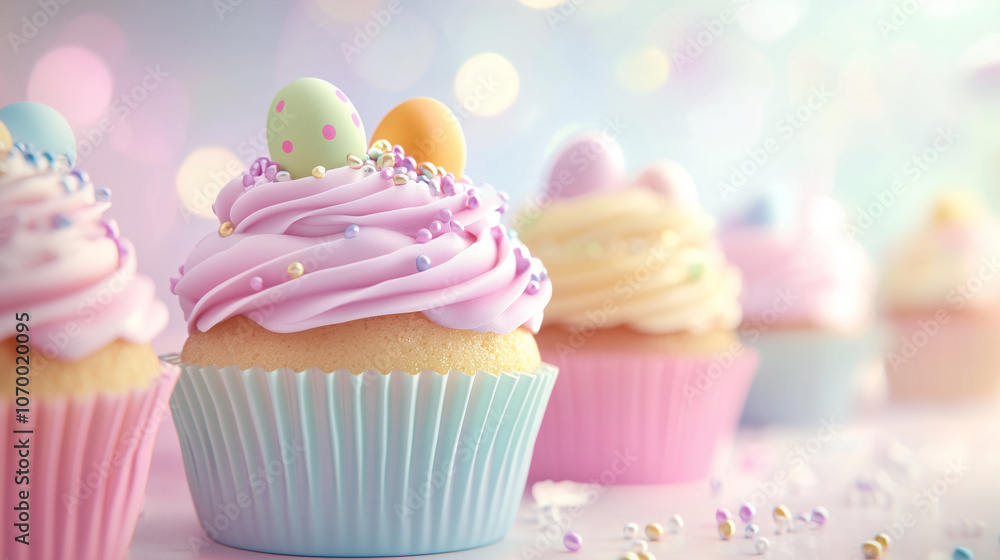 Easter cupcakes with pastel frosting and candy eggs Easter cupcakes with pastel frosting and candy eggs