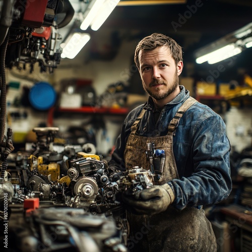 Wallpaper Mural Automotive engineer with car parts in garage workshop  Torontodigital.ca